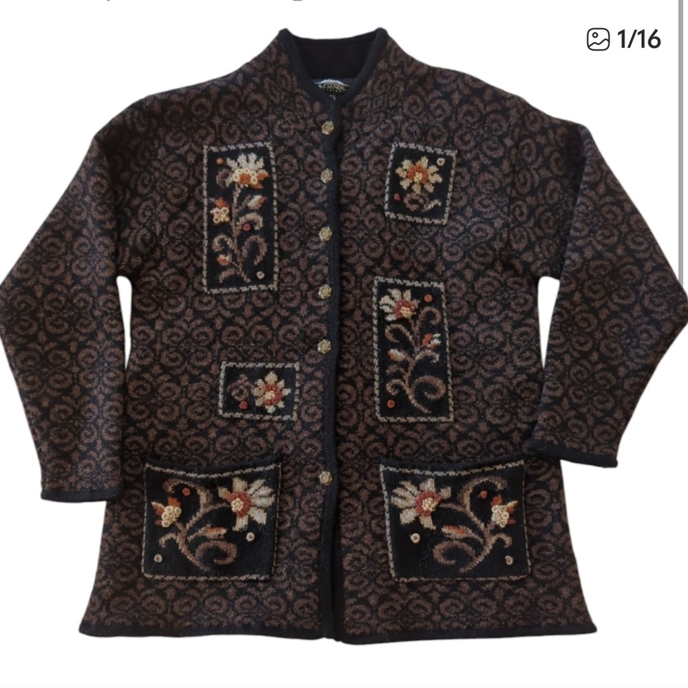 ICELANDIC Nordic VTG Y2K Wool Floral Embroidered Brown/Black Jacket/Cardigan, M